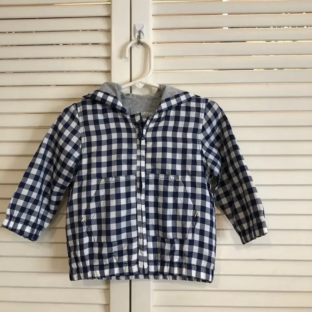 Bout Chou Blue and White Gingham Hooded Full Zip Jacket